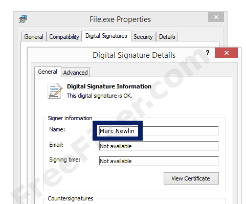 Screenshot of the Marc Newlin certificate
